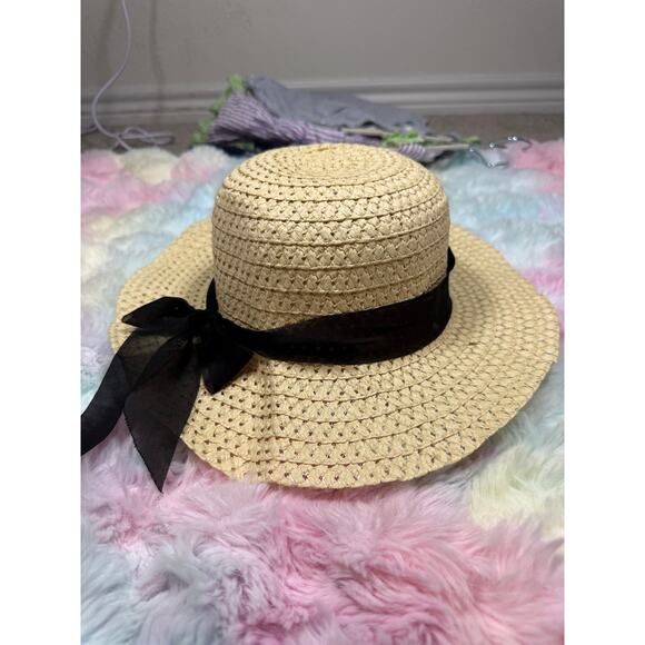 Straw Wide Brim Sun Hat Black Ribbon Bow Natural One Size - Picture 6 of 9
